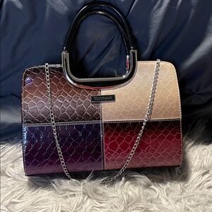 Vittorio Colorblock Patent Tote Bag in Burgundy, Purple & Cream brown